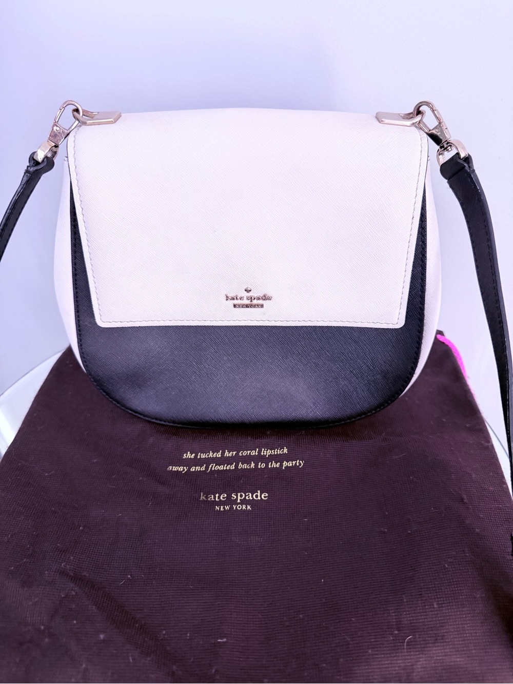 Kate Spade Black White Colorblock Saddle Crossbody Bag With Dust Bag